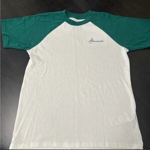 Abercrombie & Fitch White Tee with Green Raglan Sleeves and Script Logo